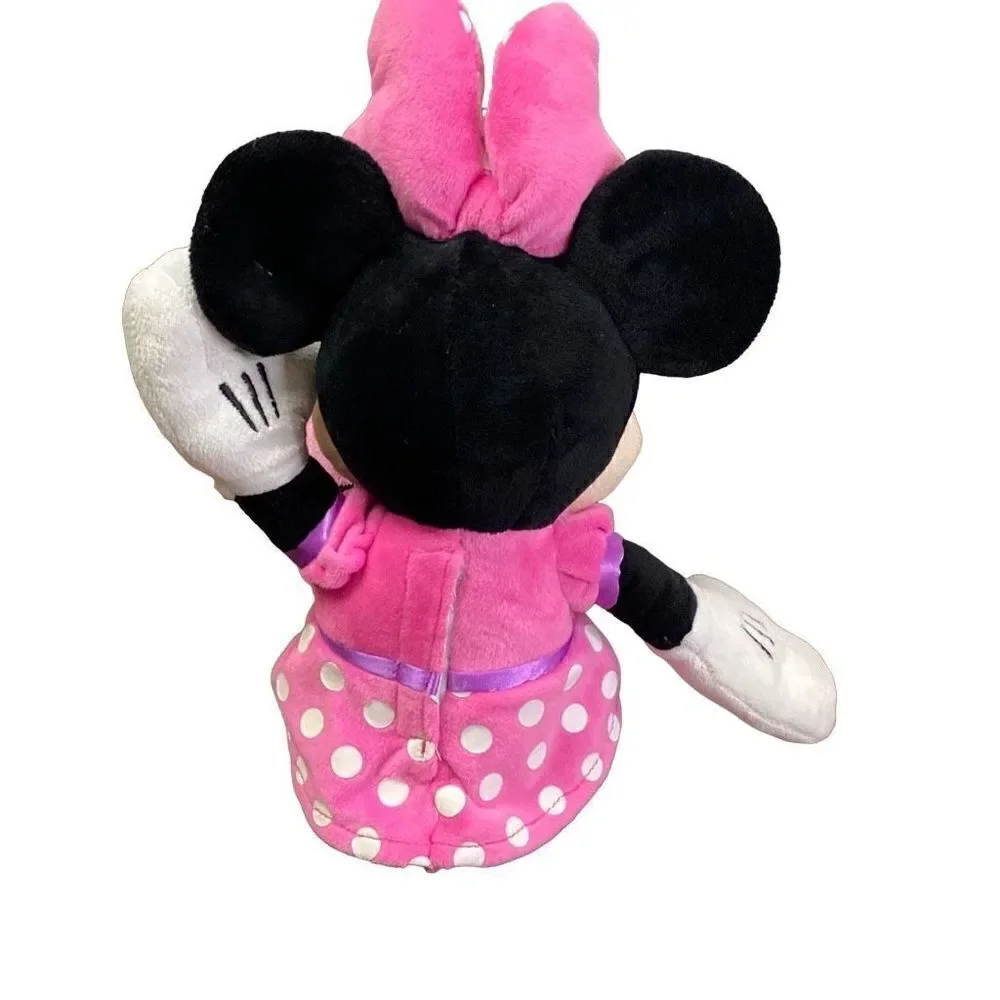 Disney Plush 14” Talking Singing Minnie Mouse Pink and White Polka Dots With Bow